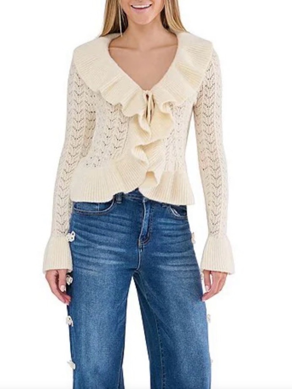 Stevie by Steve Madden Cream Ruffled Open-Front Knit Cardigan